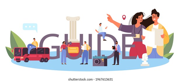 Guide typographic header. Tourists listening to the history of the city