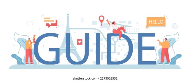 Führe typografische Kopfzeile. Touristen, die die Geschichte der Stadt und Attraktionen durch Audio-Guide oder mit Dolmetscher hören. Unterhaltung der Tour. Flache Vektorgrafik