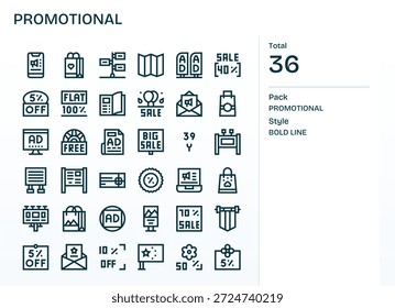 Guía a los usuarios de manera efectiva utilizando 36 iconos de Bold Line inspirados en Promotional, nítidos a cualquier escala.