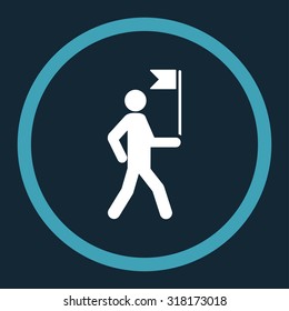 Guide vector icon. This rounded flat symbol is drawn with blue and white colors on a dark blue background.