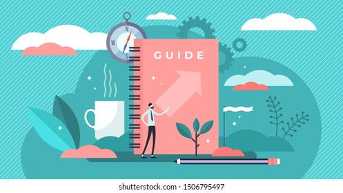 Guide vector illustration. Flat tiny technical FAQ information persons concept. Abstract search and find for information guidance and knowledge. Manual support and instruction presentation brochure.