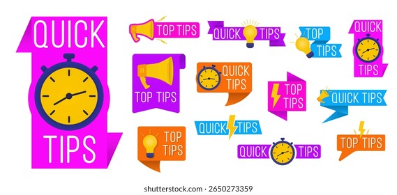 Guia com logotipo de vetor pop-up banner dica dica de conselho lâmpada atalho criativo ajuda motivação truque ideia ícone relâmpago blog post site distintivo especialista mais forma pense aprender rápido modelo rótulo

