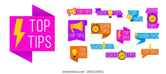 Guia com logotipo de vetor pop-up banner dica dica de conselho lâmpada atalho criativo ajuda motivação truque ideia ícone relâmpago blog post site distintivo especialista mais forma pense aprender rápido modelo rótulo

