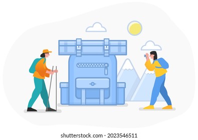 Guided hikes, hiking tours and backpacking trips. Two travelers stand near big backpack, mountains. Modern vector illustration
