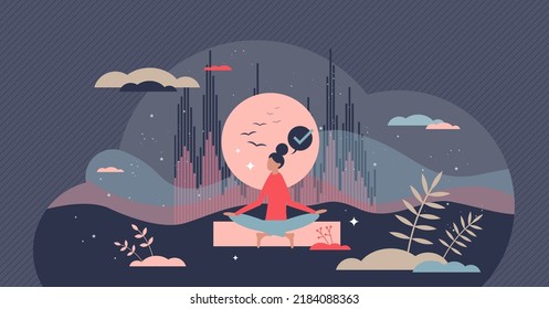 Guided imagery as dream, thoughts and mind control tiny person concept. Calm relaxation method with psychological self therapy vector illustration. Emotional recreation and depression stress