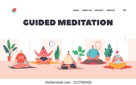 Guided Meditation Landing Page Template. Characters Yoga Class. Yogi Men and Women Meditate in Large Hall, Sitting in Lotus Posture Healthy Lifestyle, Leisure Mind Balance. Cartoon Vector Illustration