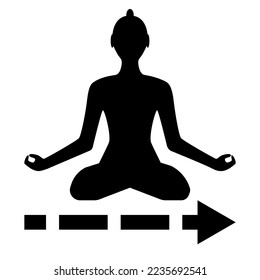 guided meditation pictogram, human sulhouette, lotis pose, dashed line with arrow