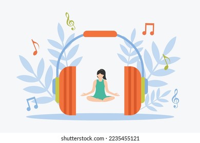 Meditación guiada y actividad de yoga usando auriculares concepto de ilustración vectorial 2d para banner, sitio web, ilustración, página de aterrizaje, volante, etc