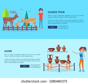Guided tour on farm with deers and woman guide showing on exhibition with ornamental clay vases set of posters with place for text