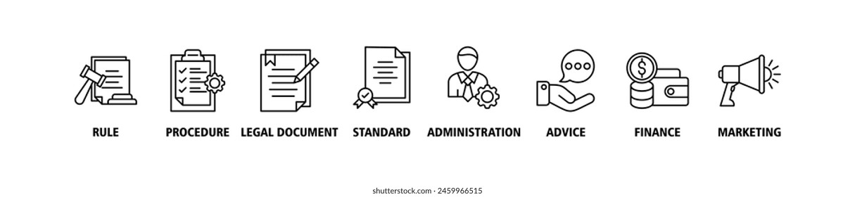 Guideline banner web icon set vector illustration concept with icon of rule, procedure, legal document, standard, administration, advice, finance, marketing