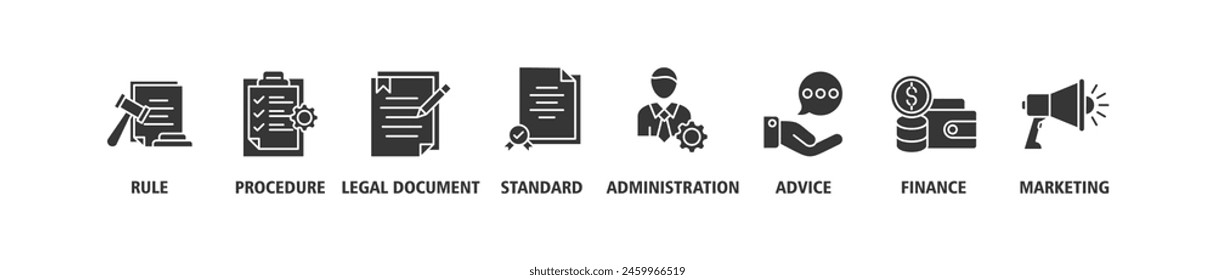 Guideline banner web icon set vector illustration concept with icon of rule, procedure, legal document, standard, administration, advice, finance, marketing