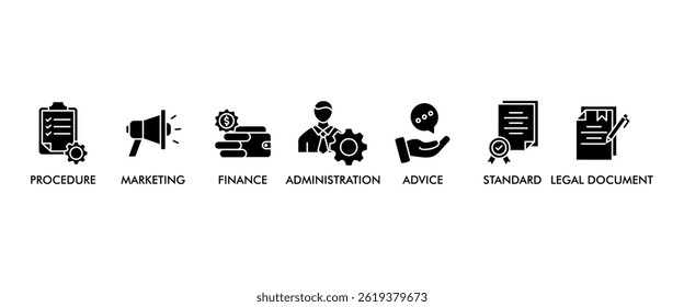 Guideline banner web icon set vector illustration concept with icon of rule, procedure, legal document, standard, administration, advice, finance, marketing