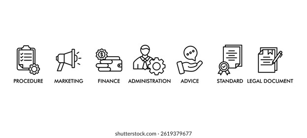 Guideline banner web icon set vector illustration concept with icon of rule, procedure, legal document, standard, administration, advice, finance, marketing