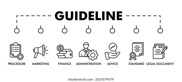 Guideline banner web icon set vector illustration concept with icon of rule, procedure, legal document, standard, administration, advice, finance, marketing