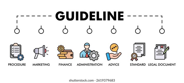 Guideline banner web icon set vector illustration concept with icon of rule, procedure, legal document, standard, administration, advice, finance, marketing