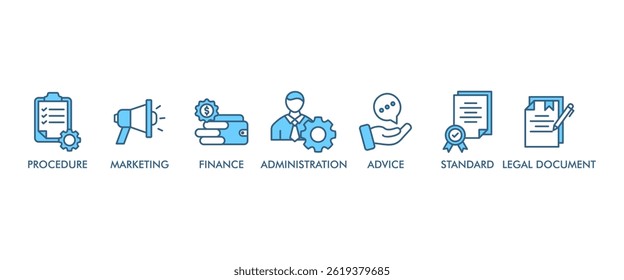 Guideline banner web icon set vector illustration concept with icon of rule, procedure, legal document, standard, administration, advice, finance, marketing