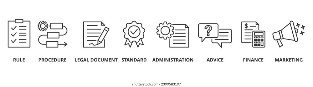 Banner de la directriz icono de la web concepto de ilustración vectorial con icono de regla, procedimiento, documento legal, norma, administración, asesoramiento, finanzas, marketing