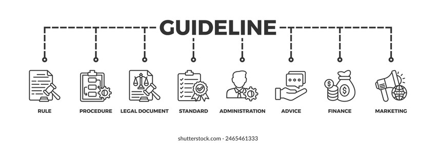Concepto de Ilustración vectorial de ícono de Web de Anuncio de guía con ícono de regla, procedimiento, documento legal, estándar, administración, asesoramiento, finanzas, marketing