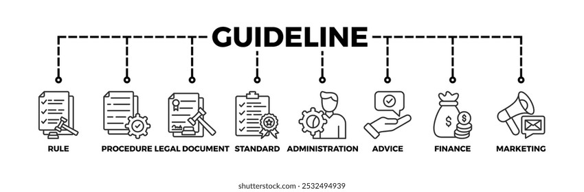 Banner de diretriz ícone da web vetor ilustração conceito com ícone de regra, procedimento, documento legal, padrão, administração, conselho, finanças, marketing