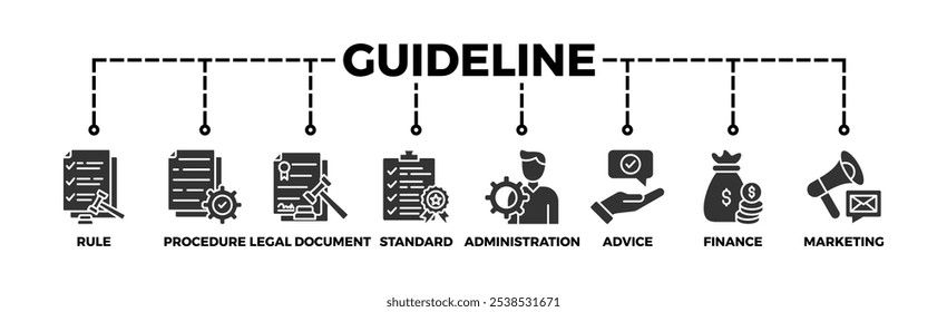 Banner de diretriz ícone da web vetor ilustração conceito com ícone de regra, procedimento, documento legal, padrão, administração, conselho, finanças, marketing