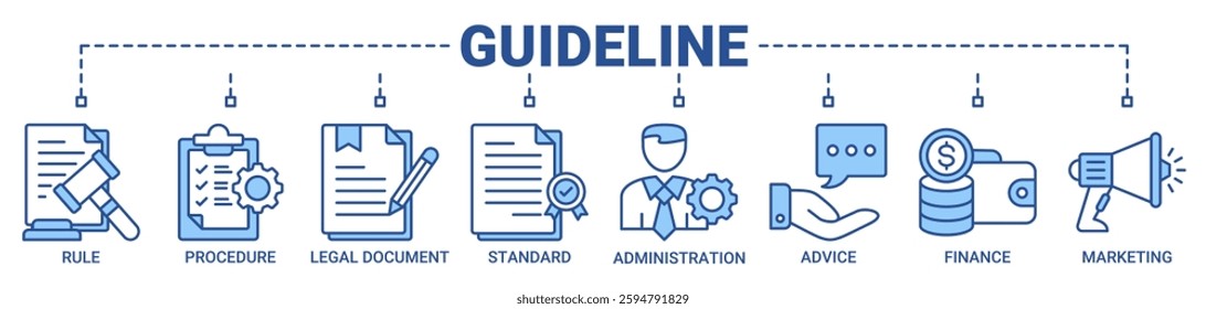 Guideline banner web icon vector illustration concept with icon of rule, procedure, legal document, standard, administration, advice, finance, marketing icons. Outline blue color symbol background.
