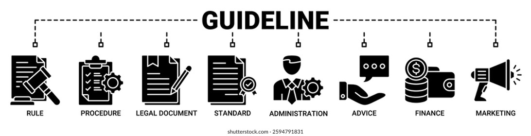Guideline banner web icon vector illustration concept with icon of rule, procedure, legal document, standard, administration, advice, finance, marketing icons. Solid color vector symbol background.