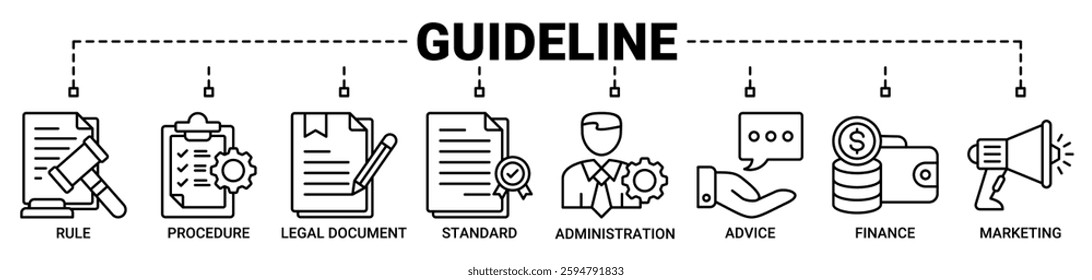Guideline banner web icon vector illustration concept with icon of rule, procedure, legal document, standard, administration, advice, finance, marketing icons. Outline vector symbol background.