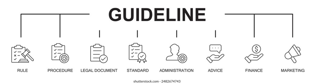 Guideline banner web website icons vector illustration concept with an icons of rule, procedure, legal document, standard, administration, advice, finance, marketing, on white background editable icon