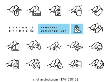 Guideline for Disinfection and Sterilization. A set of vector pictograms explaining which items need to be disinfected primarily during the COVID-19 pandemic. Editable Line Icons