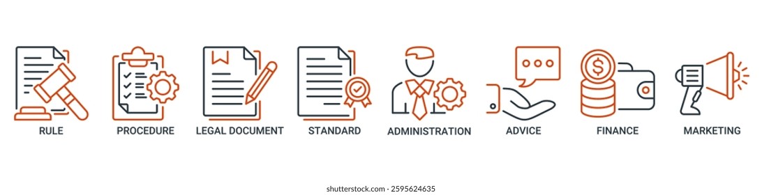 Guideline icon set. Vector illustration concept with icon of rule, procedure, legal document, standard, administration, advice, finance, marketing icons. Outline vector symbol background.