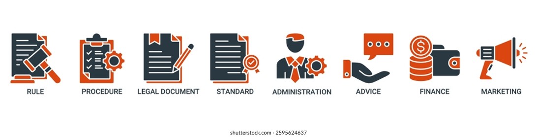 Guideline icon set. Vector illustration concept with icon of rule, procedure, legal document, standard, administration, advice, finance, marketing icons. Solid color vector symbol background.