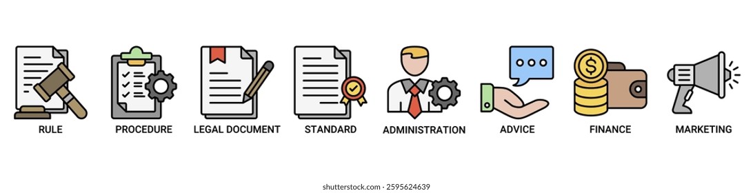 Guideline icon set. Vector illustration concept with icon of rule, procedure, legal document, standard, administration, advice, finance, marketing icons. Outline color vector symbol background.