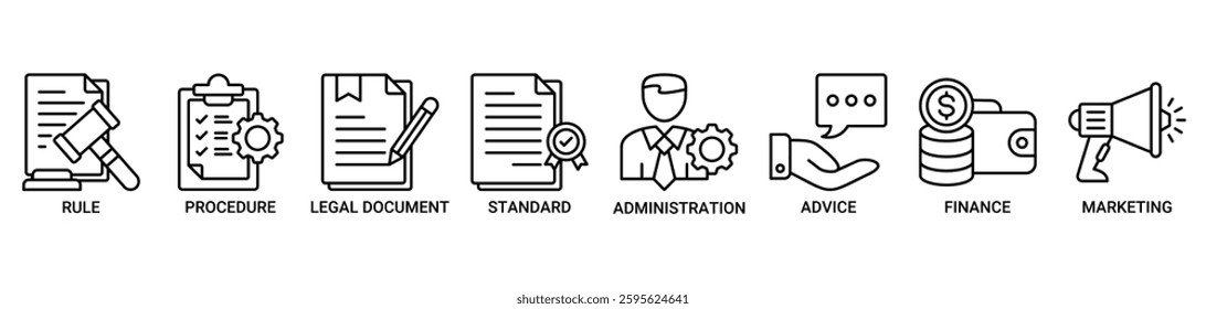 Guideline icon set. Vector illustration concept with icon of rule, procedure, legal document, standard, administration, advice, finance, marketing icons. Outline vector symbol background.