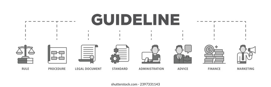 Guideline infographic icon flow process which consists of rule, procedure, legal document, standard, administration, advice, finance, marketing icon live stroke and easy to edit