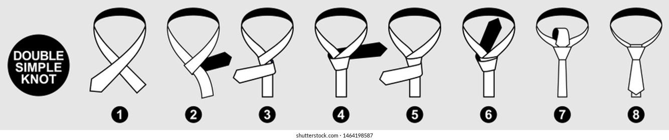 Guideline for tying a tie for men. Version of the Double Simple knot tie instruction illustration. Set of vector icons