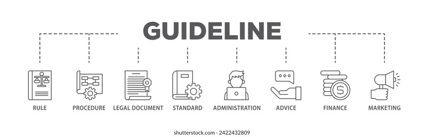 Guideline web banner icon vector illustration concept consists of rule, procedure, legal document, standard, administration, advice, finance, marketing icon live stroke and easy to edit