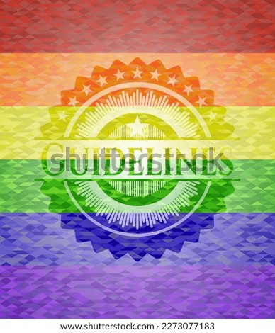Guidelines emblem on mosaic background with the colors of the LGBT flag. 