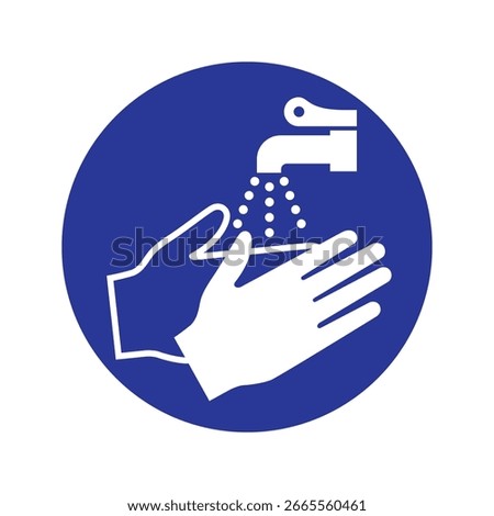 Guidelines for proper handwashing illustrated in a blue circular symbol with faucet and hands