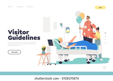 Guidelines for visitors in hospital concept of landing page with family attending patient during recovery in intensive therapy room after illness. Cartoon flat vector illustration