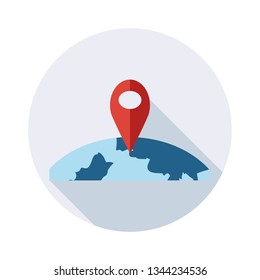 Guide-mark icon on globe with long shadow for web design