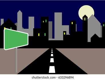 guidepost with no text for night silhouette shadow of dark city urban with big full moon in cityscape view