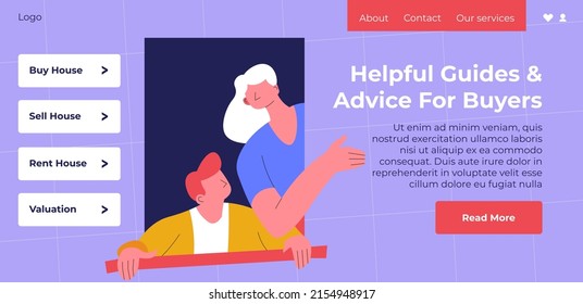 Guides And Advice For Buyers Of Real Estate, House And Property For Living. Rent Place, Valuation Of Price And Sell Space. Website Landing Page Template, Online Web Resource. Vector In Flat Style