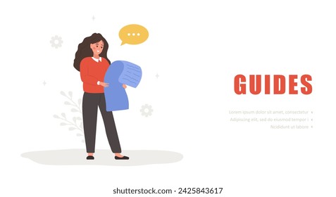 Guides concept. Female character with user manual. Woman reading user agreement, terms and conditions. FAQ or customer support. Vector illustration in flat cartoon style.