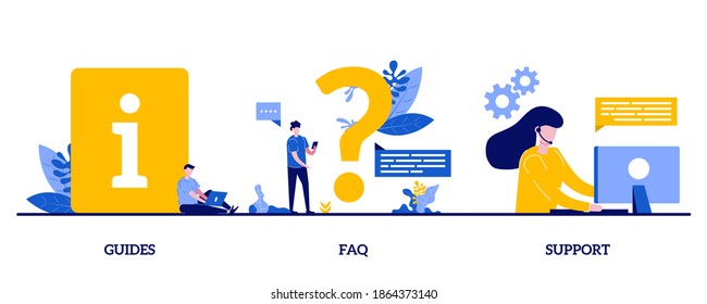 Guides, FAQ, support concept with tiny character and icons. Info center, customer online communication abstract vector illustration set. Helpdesk, clients assistance, helpful information metaphor.