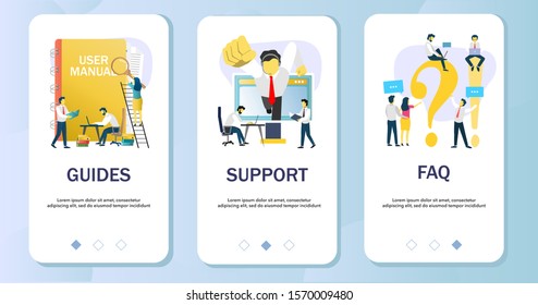 Guides, Support, FAQ mobile app onboarding screens. Menu banner vector template for website and application development. Question and answer page, customer service, technical support.