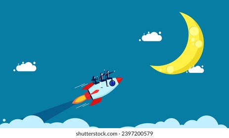 Guiding business success. Businessman flies on rocket soaring towards the moon 