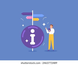 guía para guiar el concepto. instrucciones e información. consejos de usuario y ayuda. manual de instrucciones y Servicio al cliente. guía para ayudar a los Clientes. un hombre mira un letrero. ilustración concepto diseño