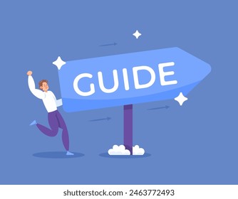 guiding concept. instructions and information. user tips and help. instruction manual and customer service. guide to help customers. a man with a directional sign. illustration concept design