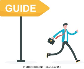 guiding concept. instructions and information. user tips and help. instruction manual and customer service. guide to help customers. a man with a directional sign. illustration concept design