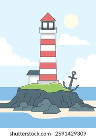 Guiding Light: Lighthouse Stands Tall: A vibrant illustration of a lighthouse, perched atop a rocky island, under a bright sunny sky, beaconing safe passage to seafarers.